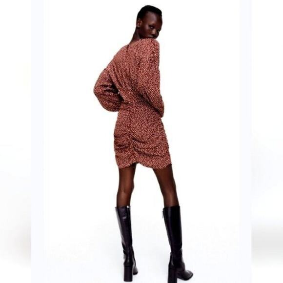 Zara Round Neck Long Sleeve Mini Dress Ruched Drape Burgundy Size Small - Picture 2 of 7